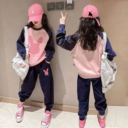 Girls 2024 spring autumn casual 2-piece sports clothing set with cartoon rabbit pattern, including pink and navy pullover top and pants, for 4-14 years old.