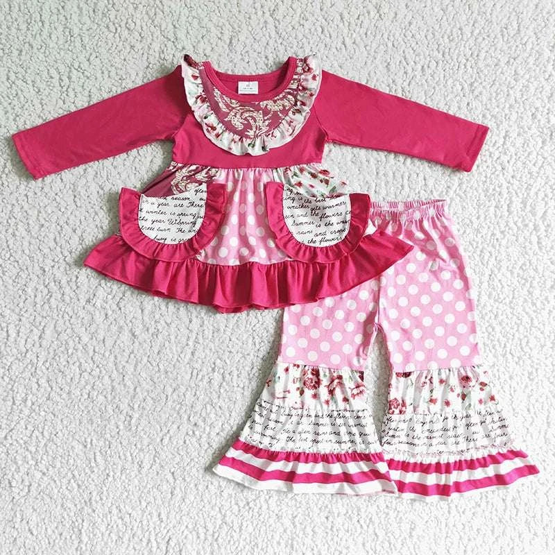 Wholesale boutique Toddler Baby Girl Clothing Pink Long Sleeves Pocket Bell Pants Flower Outfits Kids Children Fall Winter Set C1041