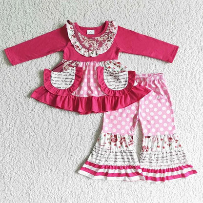 Wholesale boutique Toddler Baby Girl Clothing Pink Long Sleeves Pocket Bell Pants Flower Outfits Kids Children Fall Winter Set C1041