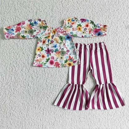 Wholesale boutique Toddler Baby Girl Clothing Pink Long Sleeves Pocket Bell Pants Flower Outfits Kids Children Fall Winter Set C1041