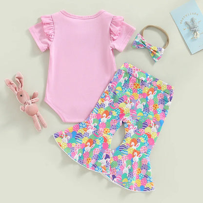European and American Easter Children's Clothing, Girls Letter Printed Short Sleeved Bunny Bell Bottom Pants+bow Tie 3 Piece Set