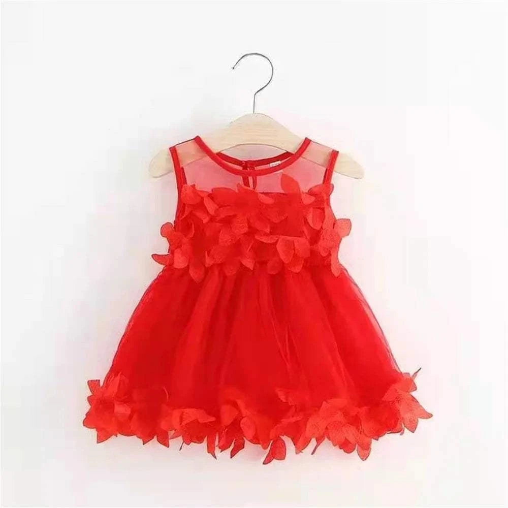 Children's New Style Girls' Summer Sleeveless Cute Dress Children's Beautiful Solid Color 3D Petal Mesh Ponchy Skirt C1056