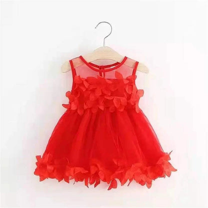 Children's New Style Girls' Summer Sleeveless Cute Dress Children's Beautiful Solid Color 3D Petal Mesh Ponchy Skirt C1056