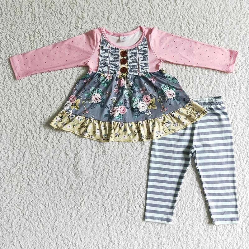 Wholesale boutique Toddler Baby Girl Clothing Pink Long Sleeves Pocket Bell Pants Flower Outfits Kids Children Fall Winter Set C1041