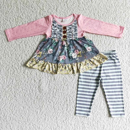 Wholesale boutique Toddler Baby Girl Clothing Pink Long Sleeves Pocket Bell Pants Flower Outfits Kids Children Fall Winter Set C1041