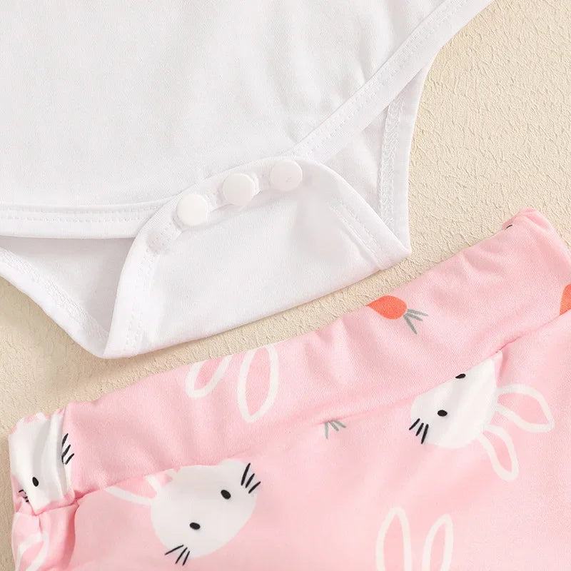 New Easter Set for Infants and Young Children, Featuring Letter Printed Short Sleeves Hoodies Shorts Fur Balls 3 Piece Headband