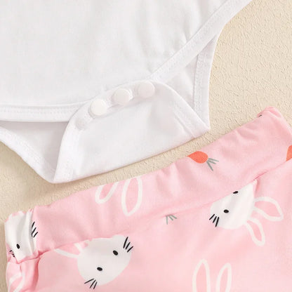 New Easter Set for Infants and Young Children, Featuring Letter Printed Short Sleeves Hoodies Shorts Fur Balls 3 Piece Headband