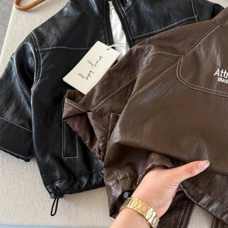 Children's Coat 2025 New Autumn Product Children's Embroidered Leather Coat Baby Letter Zipper Sweater Trendy