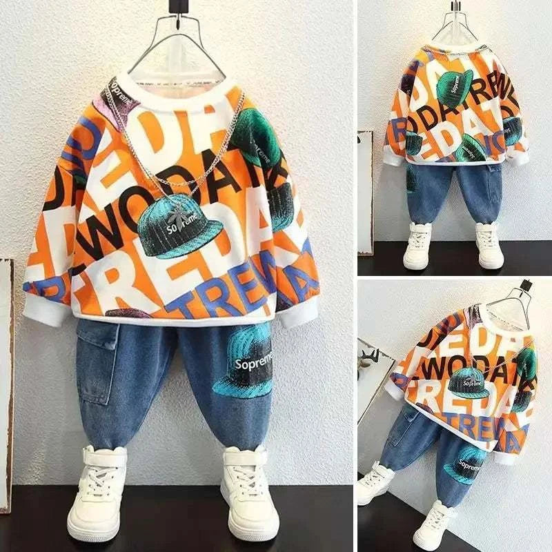 Children's Set for Boys Girls New Spring and Autumn Suit Casual Wear Home Outing Sweatshirt Two-piece Fashionable Set Loungewear C1022