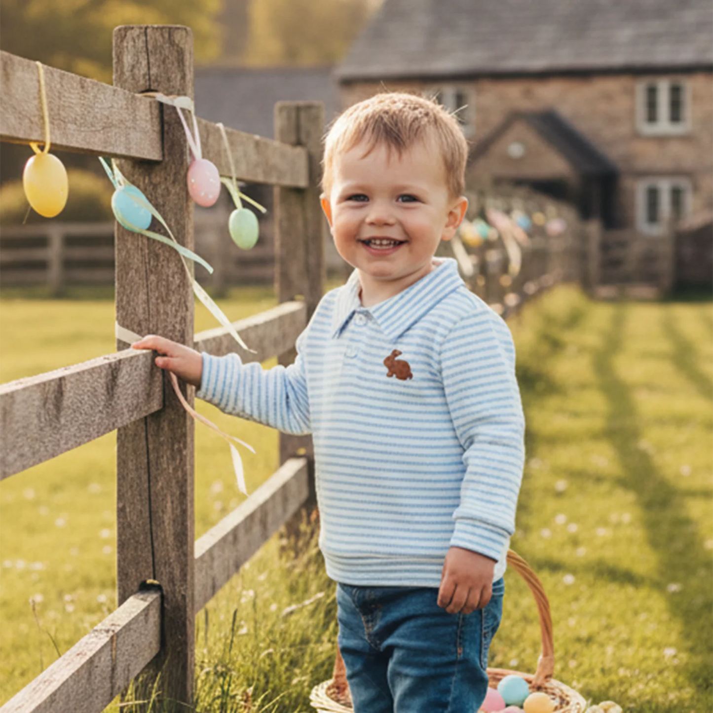 Kids Boys Easter Long Sleeve T-shirt, Turn-down Collar Embroidery Rabbit Striped Spring Fall Pullover Tops