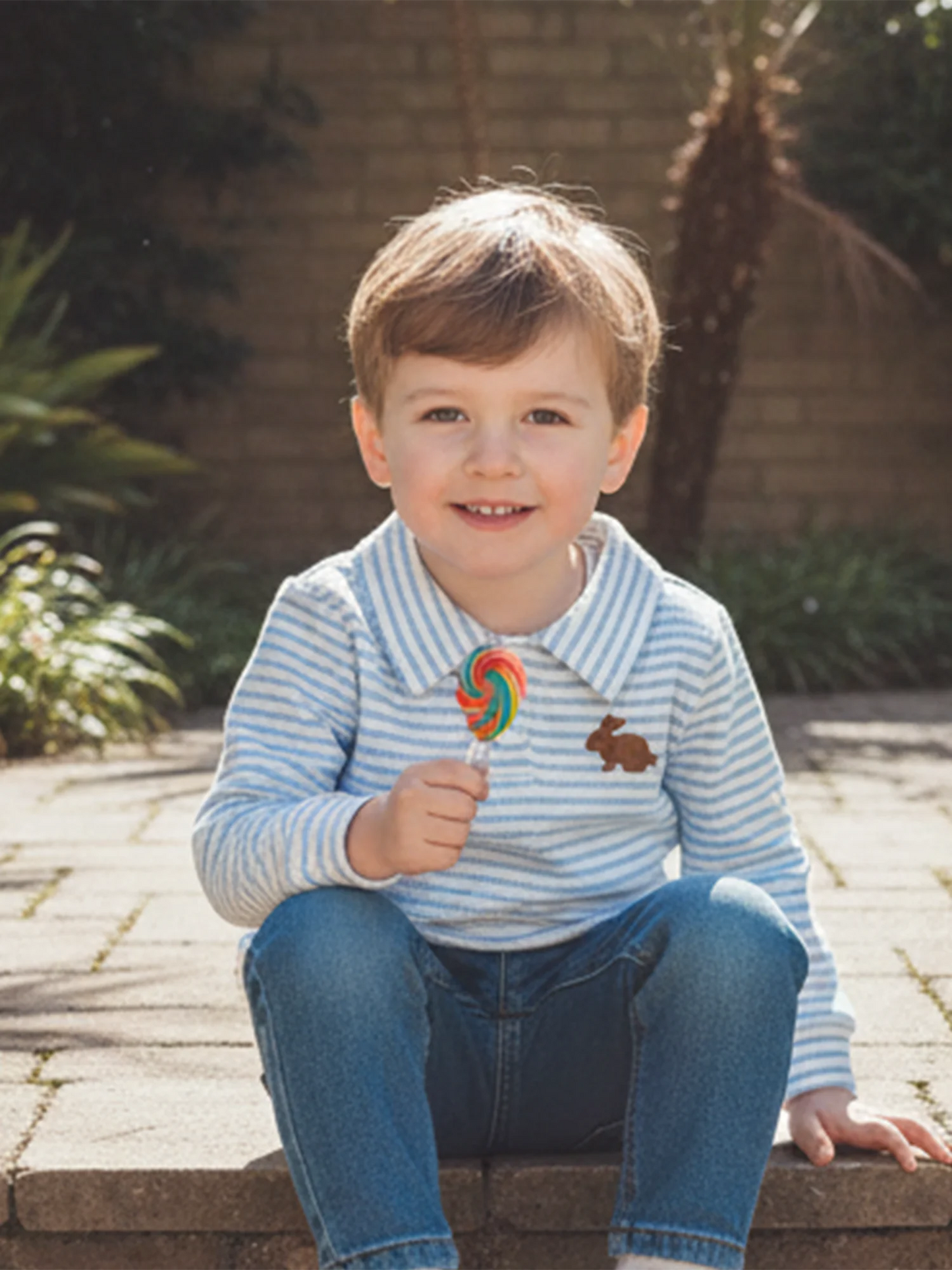 Kids Boys Easter Long Sleeve T-shirt, Turn-down Collar Embroidery Rabbit Striped Spring Fall Pullover Tops