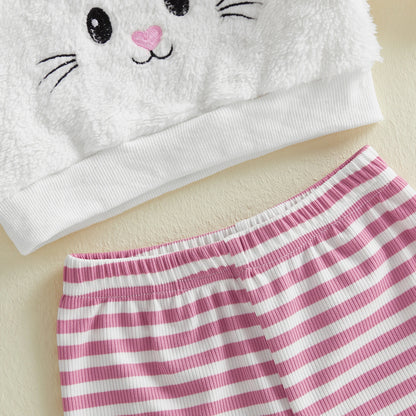 Spring Easter Kids Toddler Girl Outfit Long Sleeve Hooded Rabbit Embroidery Sweatshirt Striped Pants Clothes Set