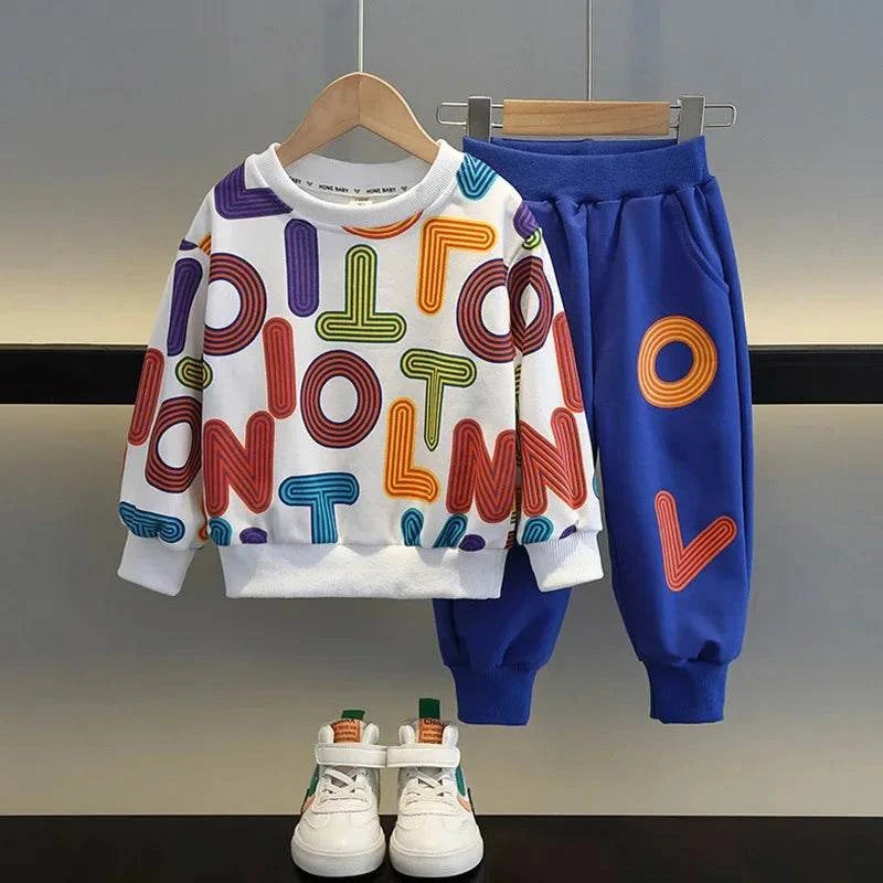 Children's autumn cotton pullover sweatshirt and sweatpants set with colorful letter print for boys aged 4-6 years