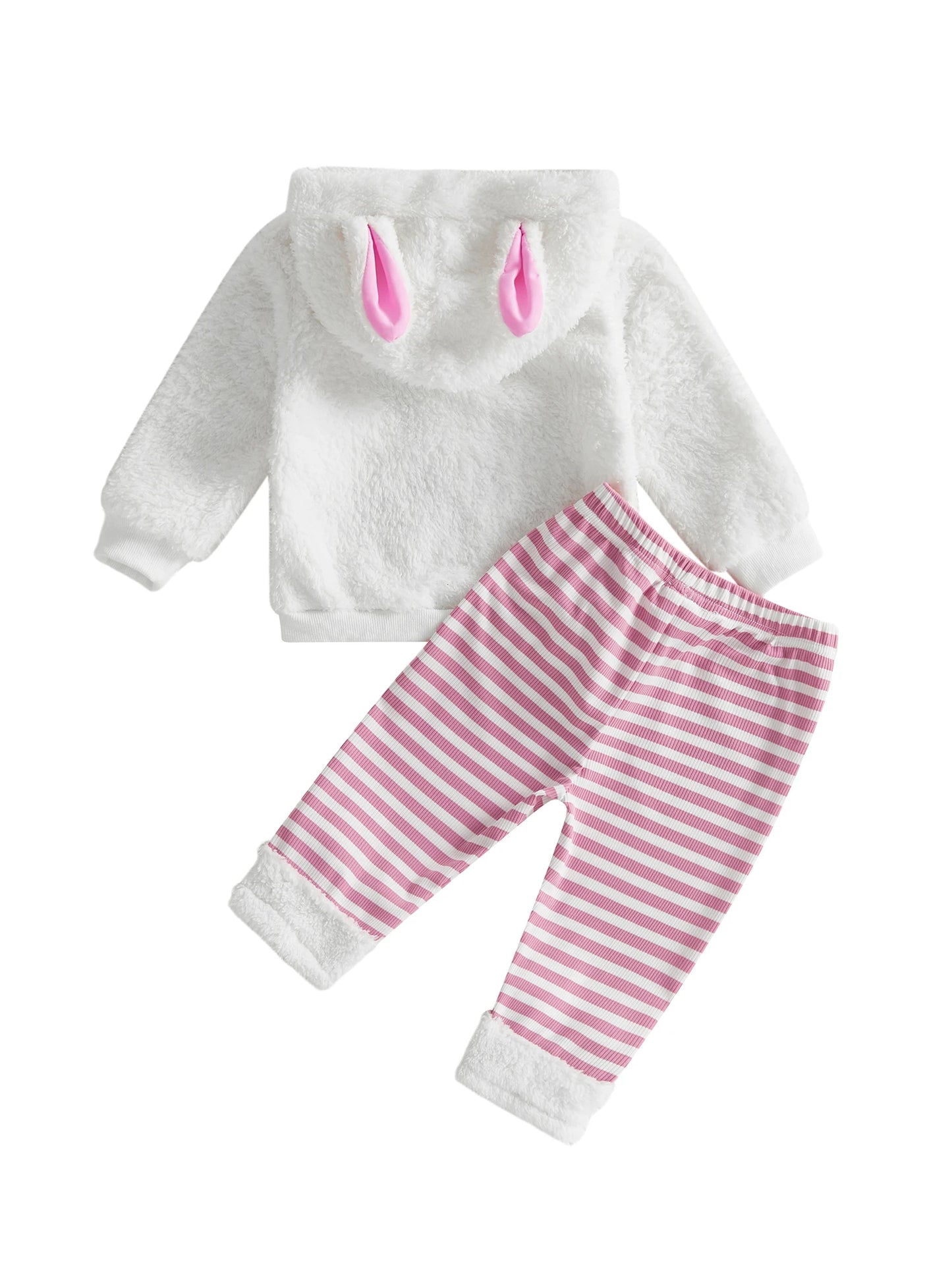 Spring Easter Kids Toddler Girl Outfit Long Sleeve Hooded Rabbit Embroidery Sweatshirt Striped Pants Clothes Set