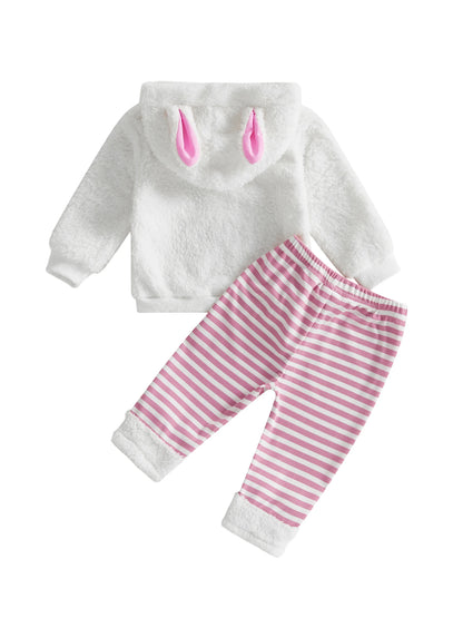 Spring Easter Kids Toddler Girl Outfit Long Sleeve Hooded Rabbit Embroidery Sweatshirt Striped Pants Clothes Set