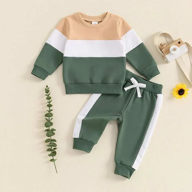 Toddler Baby Boy Girl Clothes Set Color Block Long Sleeve Crewneck Sweatshirts and Drawstring Pants 2Pcs Fall Winter Outfits Set C1045
