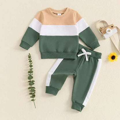 Toddler Baby Boy Girl Clothes Set Color Block Long Sleeve Crewneck Sweatshirts and Drawstring Pants 2Pcs Fall Winter Outfits Set C1045