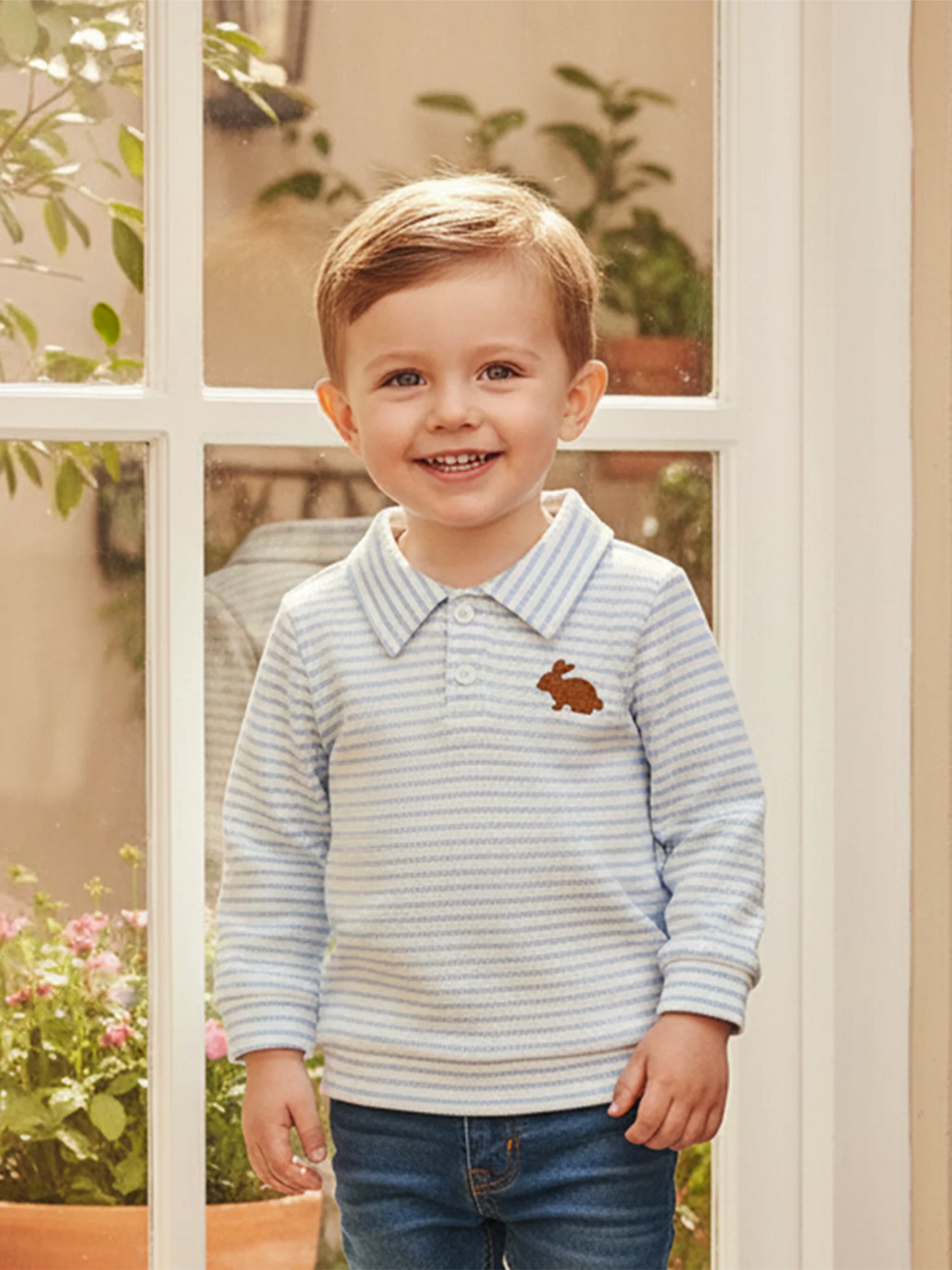 Kids Boys Easter Long Sleeve T-shirt, Turn-down Collar Embroidery Rabbit Striped Spring Fall Pullover Tops