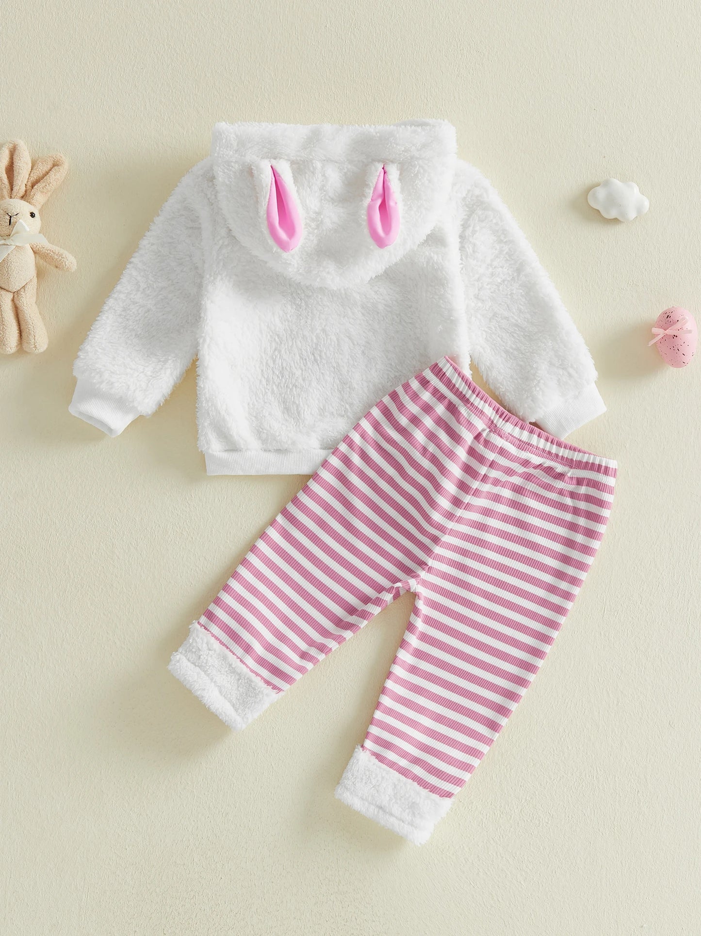 Spring Easter Kids Toddler Girl Outfit Long Sleeve Hooded Rabbit Embroidery Sweatshirt Striped Pants Clothes Set
