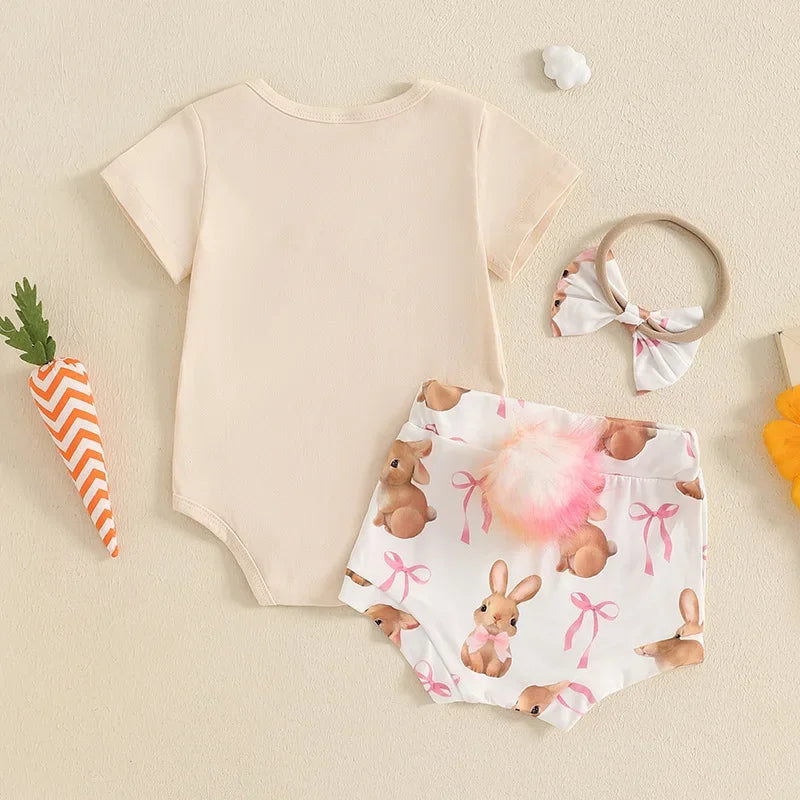 New Easter Set for Infants and Young Children, Featuring Letter Printed Short Sleeves Hoodies Shorts Fur Balls 3 Piece Headband