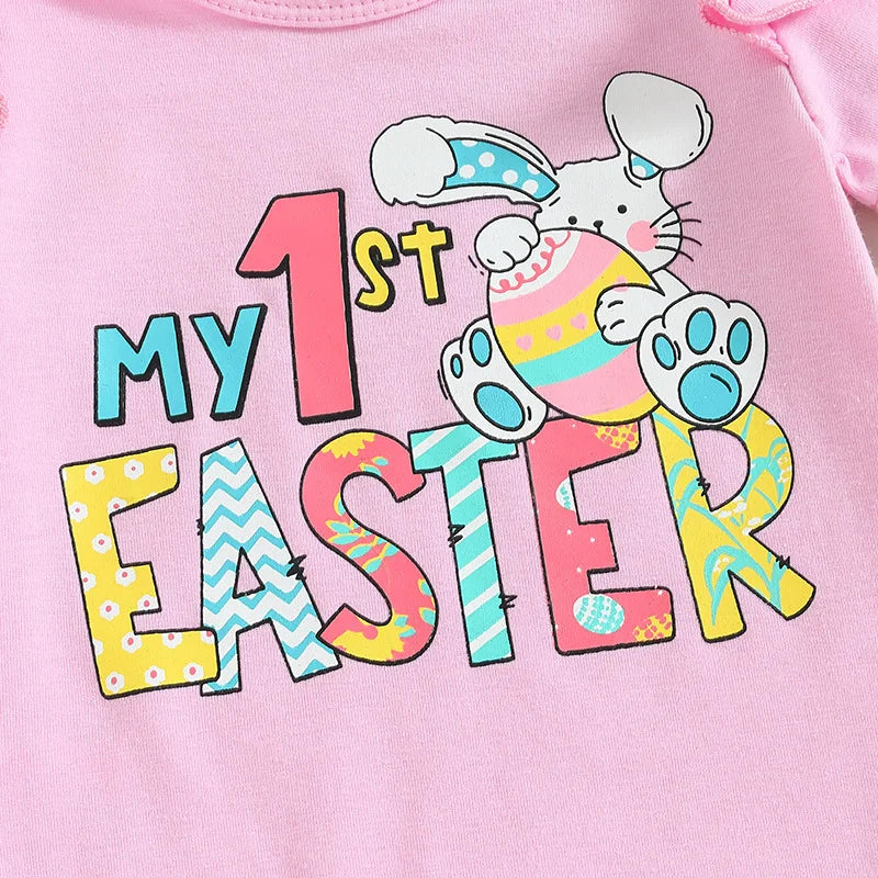European and American Easter Children's Clothing, Girls Letter Printed Short Sleeved Bunny Bell Bottom Pants+bow Tie 3 Piece Set
