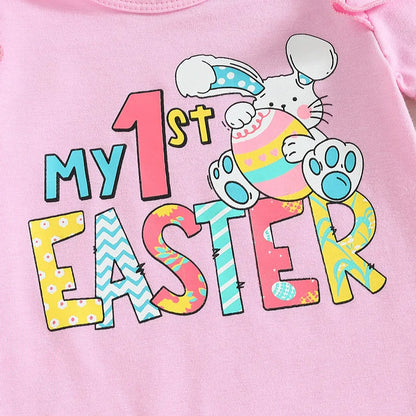 European and American Easter Children's Clothing, Girls Letter Printed Short Sleeved Bunny Bell Bottom Pants+bow Tie 3 Piece Set