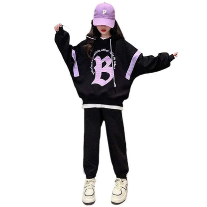 Girls Suit Long-sleeved Sweater with Hood + Trousers Two-piece Suit Fashionable Loose Harem Pants Suit Outer Wear Casual Simple C1067