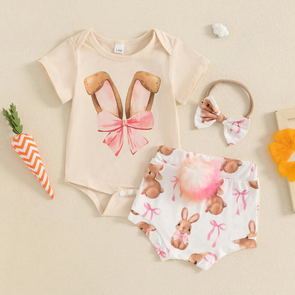 New Easter Set for Infants and Young Children, Featuring Letter Printed Short Sleeves Hoodies Shorts Fur Balls 3 Piece Headband