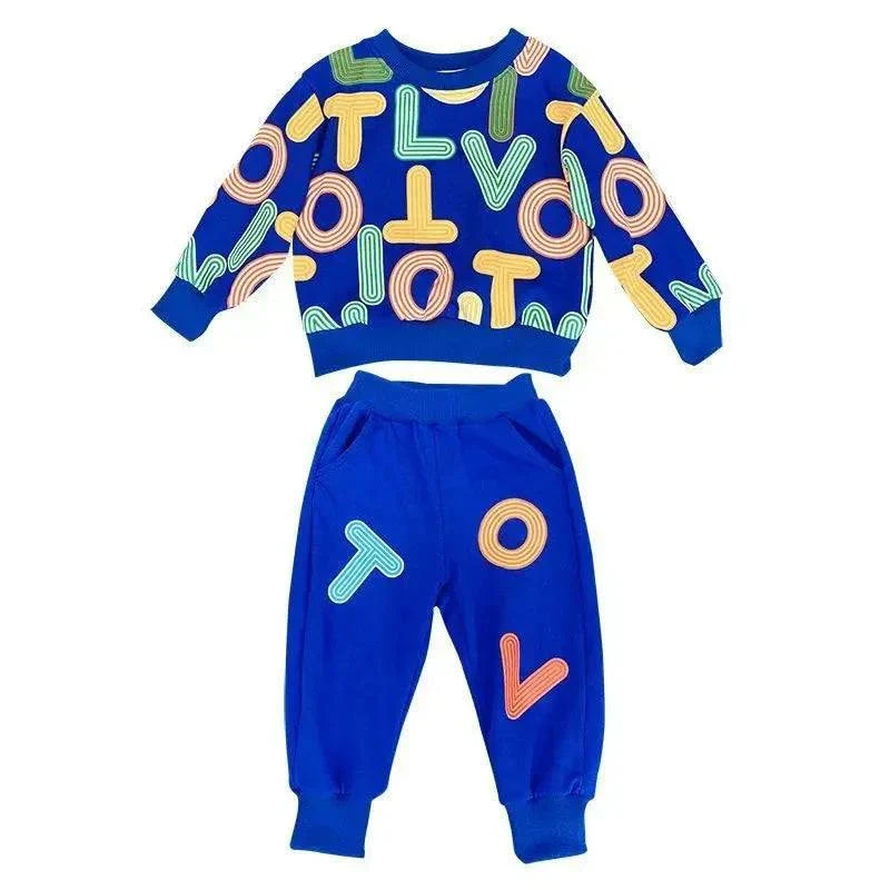 Blue cotton autumn pullover sweatshirt and pants set for boys with colorful letter print children's clothes boy tracksuit