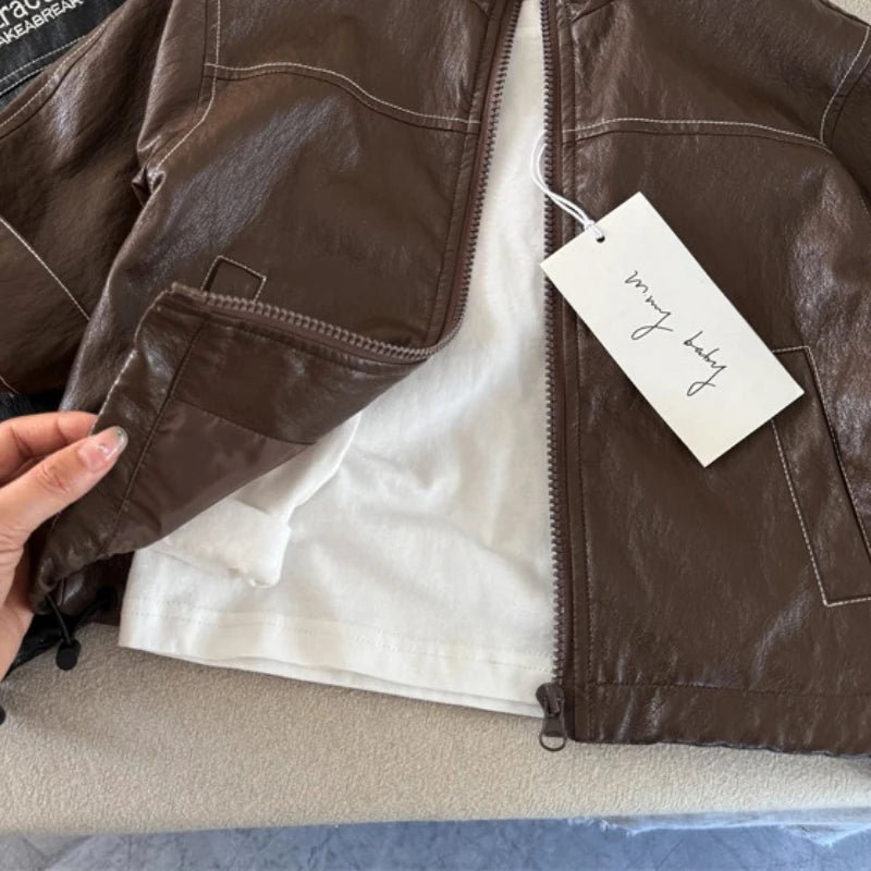 Children's Coat 2025 New Autumn Product Children's Embroidered Leather Coat Baby Letter Zipper Sweater Trendy