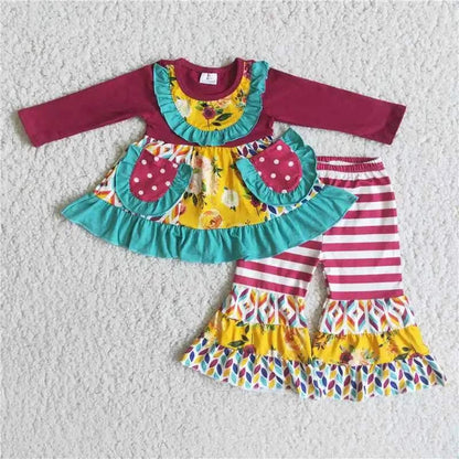 Wholesale boutique Toddler Baby Girl Clothing Pink Long Sleeves Pocket Bell Pants Flower Outfits Kids Children Fall Winter Set C1041